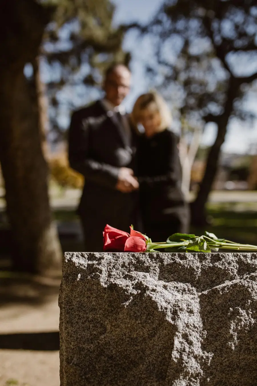 Couple standing together behind a granite stone with a red rose