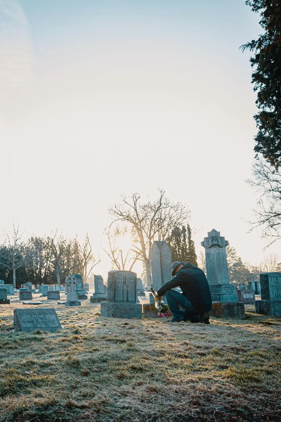 Man kneeling at a grave at sunrise