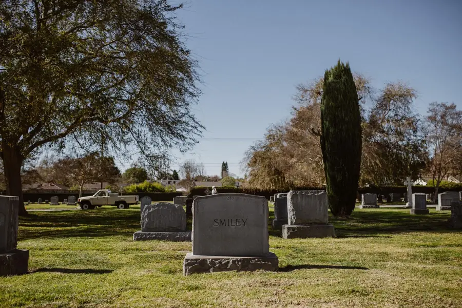 Family headstones on a sunny cemetery lawn