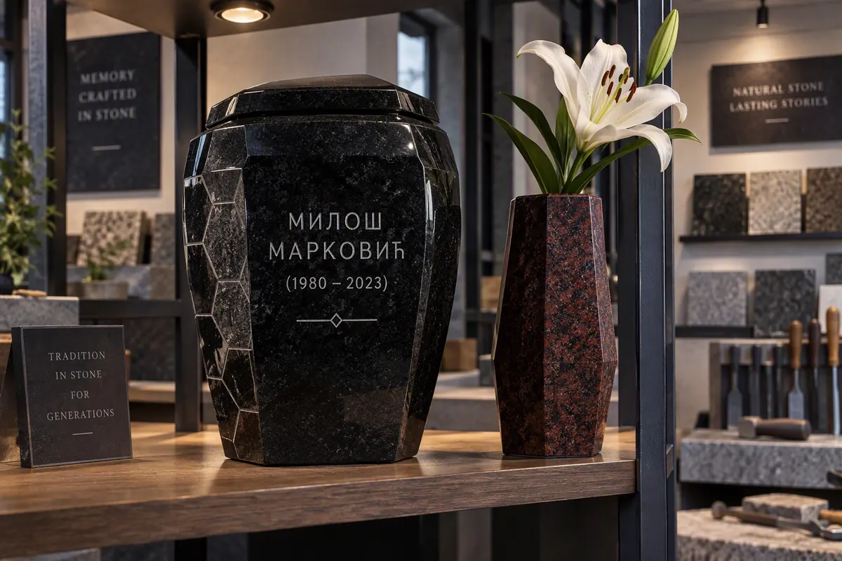 Black granite urn with engraved name beside a red granite vase with a white lily