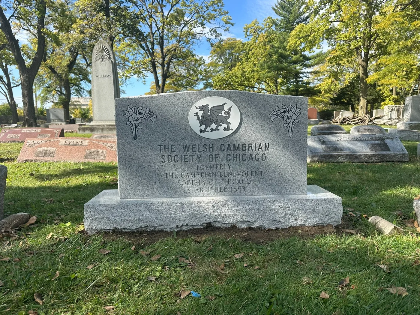 Gray granite monument Welsh Cambrian Society Chicago